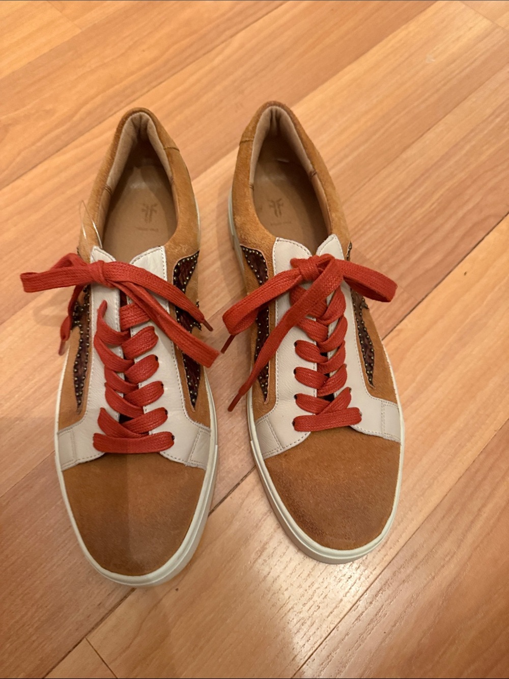 Casual Suede Sneaker in Tan and White with Red Laces